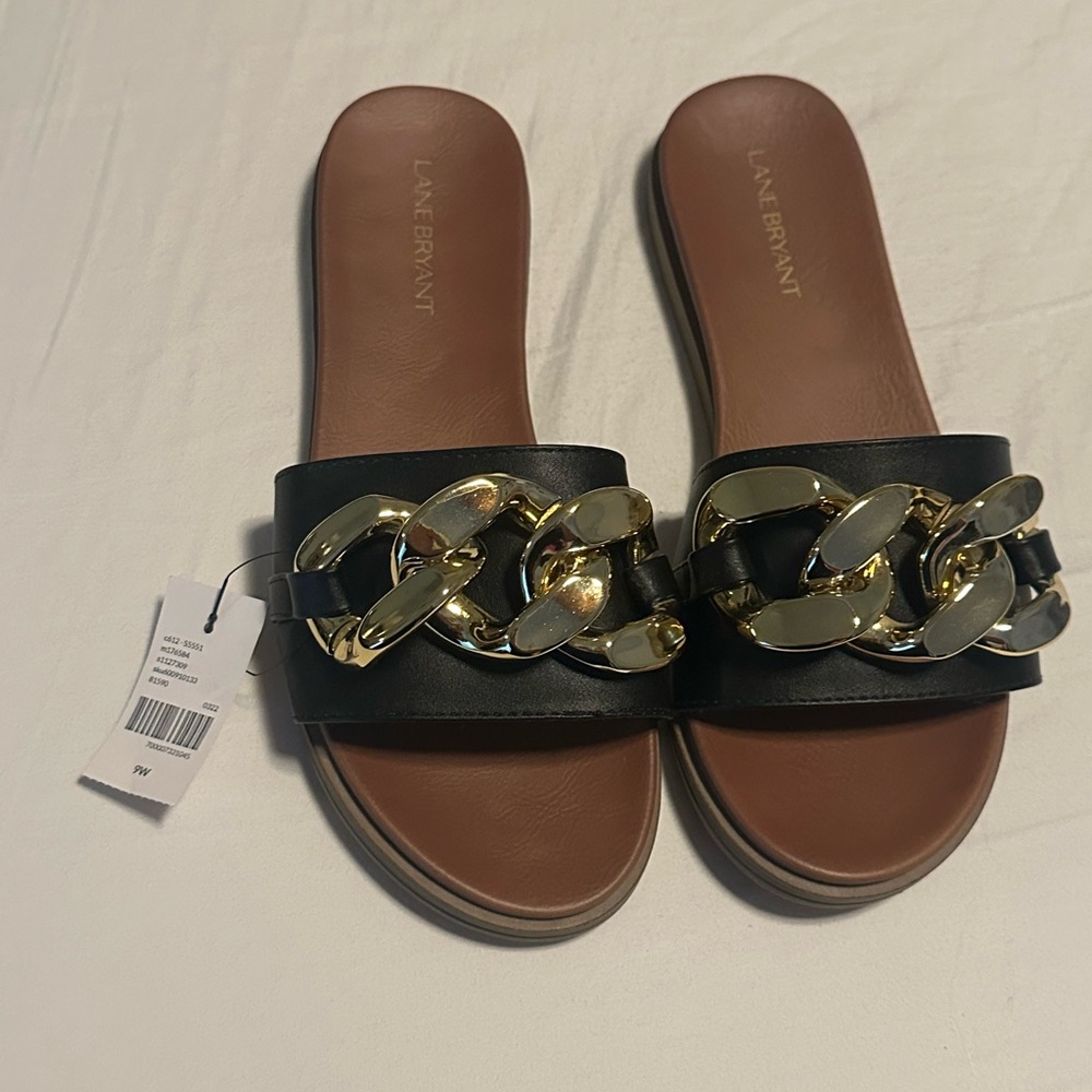Lane Bryant Dream Cloud Black Sandals with Gold Chain Accent